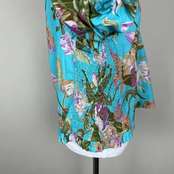 Anthropologie Love The‎ Label Top Womens XL Blue Floral Puff Sleeve Asymmetrical - Picture 8 of 14